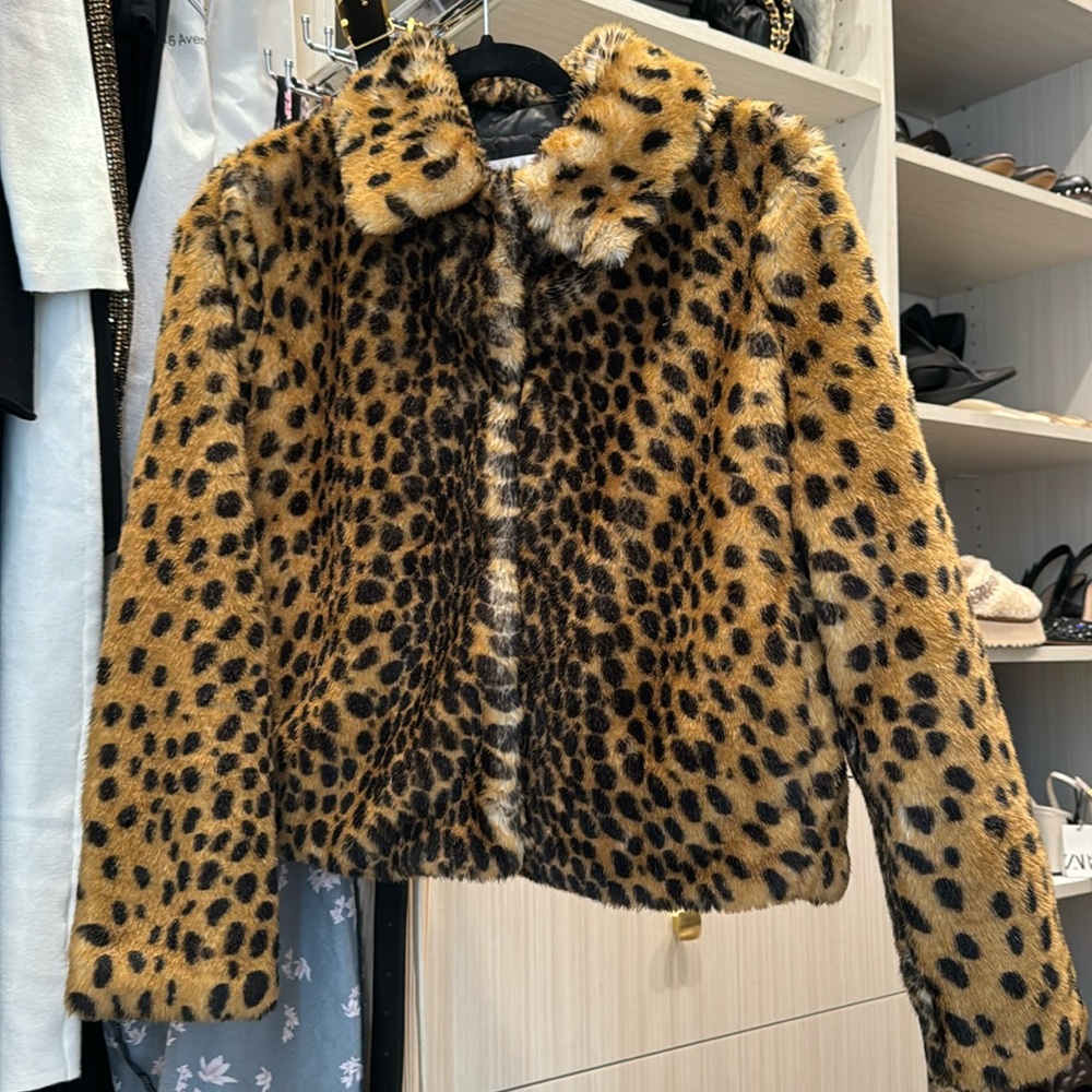 Zara Faux Fur Leopard Bomber with buttons